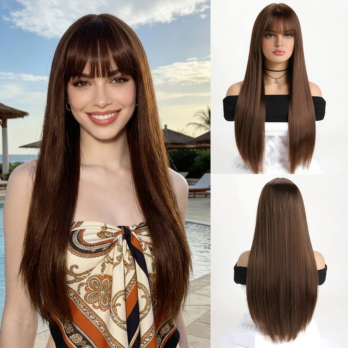 Wig with Bangs for Women  Long Straight Heat Resistant Synthetic Wig for Daily Use, Party, Halloween, Cosplay 26 Inch Wig for