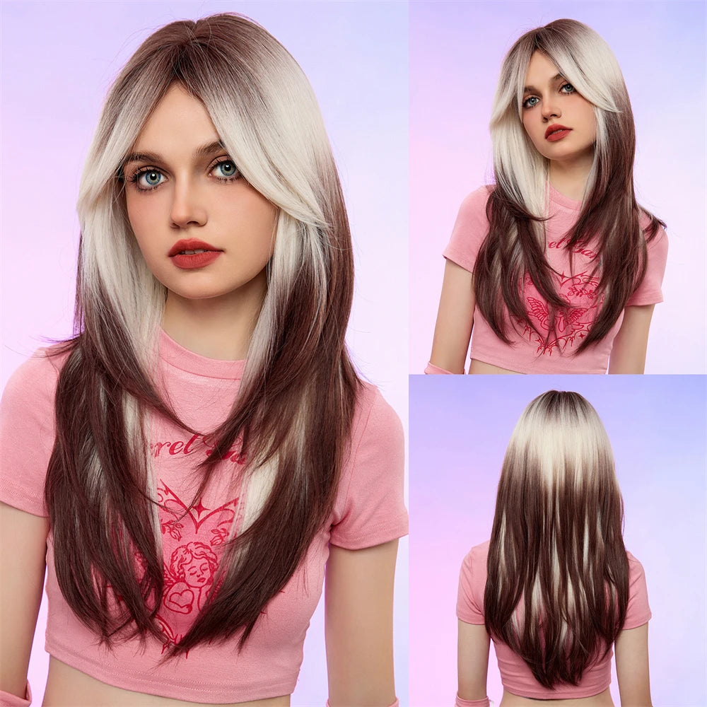 Wig full head cover, pink gradient dark brown wig, straight hair wig with bangs, suitable for women's daily role-playing,
