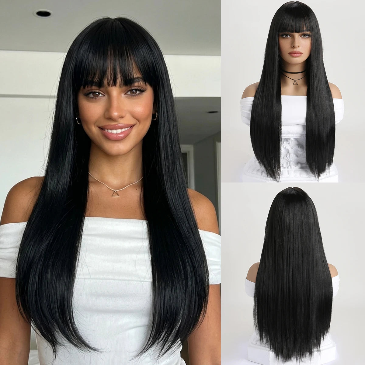 Wig with Bangs for Women  Long Straight Heat Resistant Synthetic Wig for Daily Use, Party, Halloween, Cosplay 26 Inch Wig for