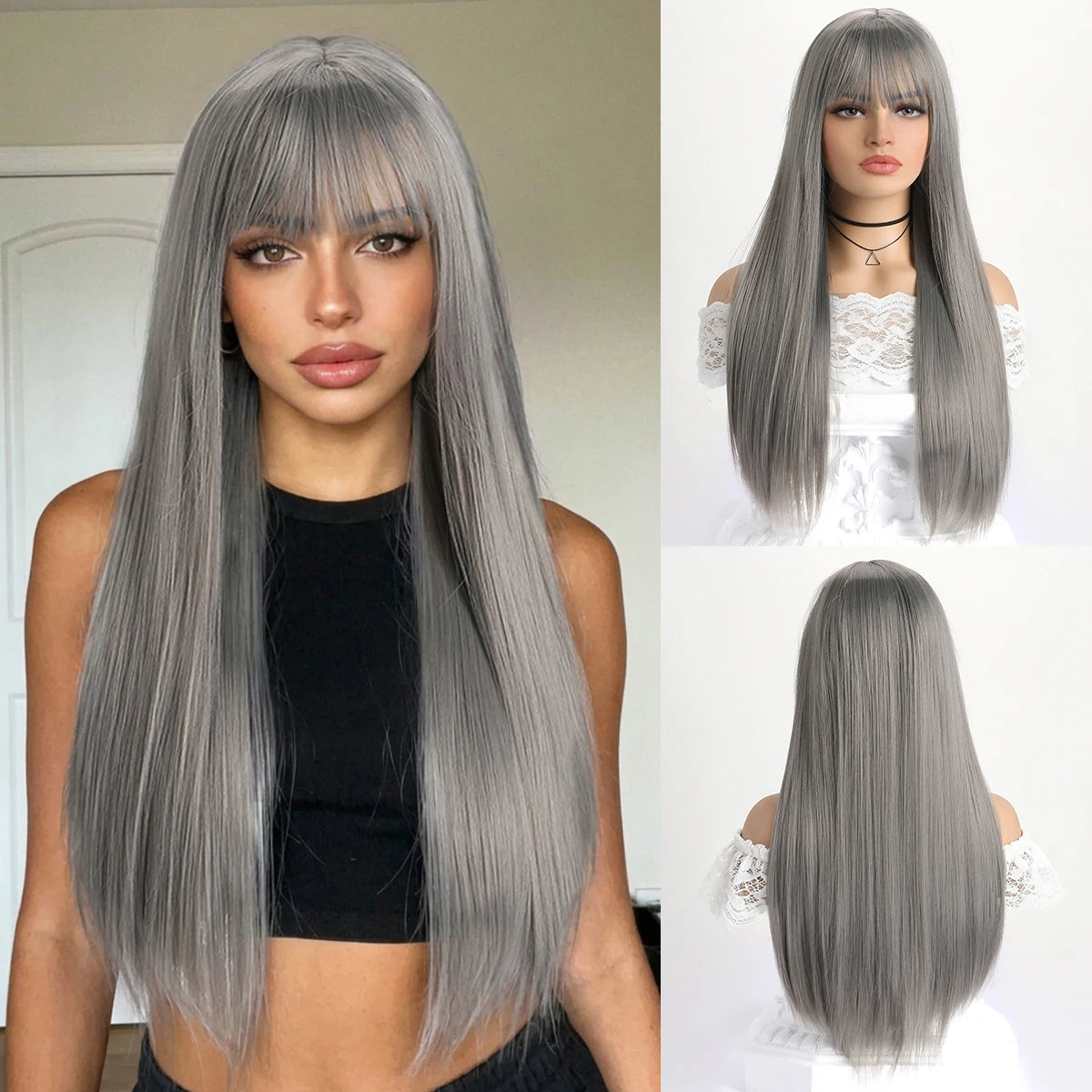 Wig with Bangs for Women  Long Straight Heat Resistant Synthetic Wig for Daily Use, Party, Halloween, Cosplay 26 Inch Wig for