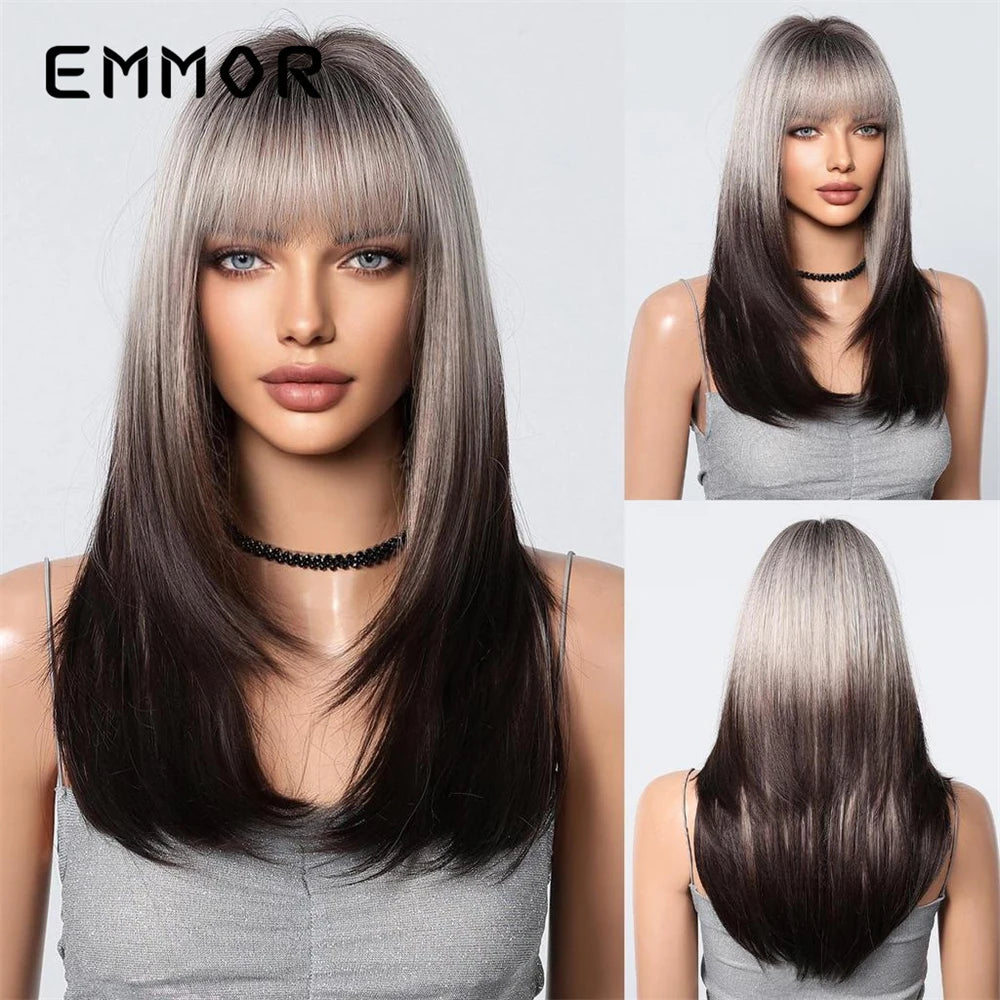 Wig full head cover, pink gradient dark brown wig, straight hair wig with bangs, suitable for women's daily role-playing,