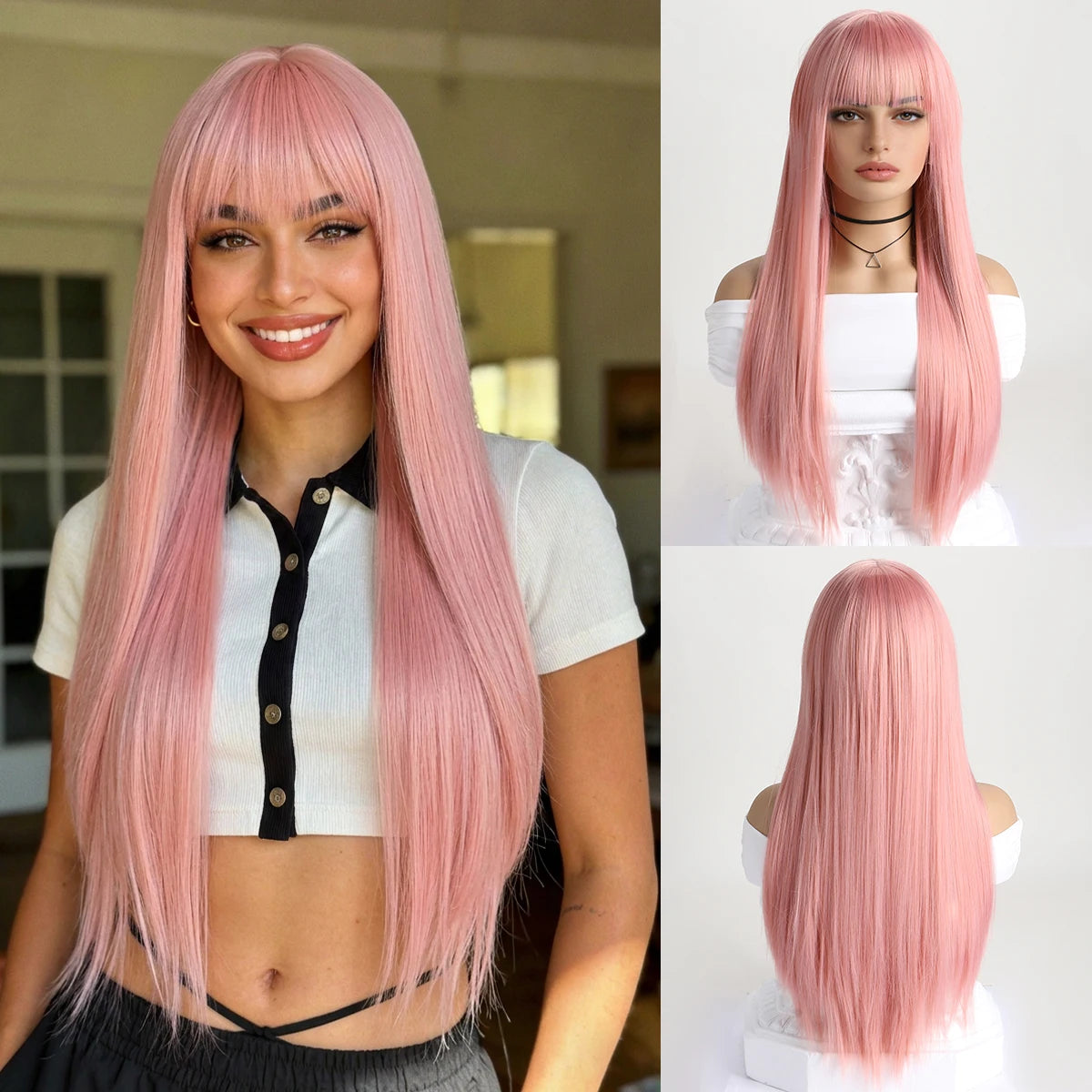 Wig with Bangs for Women  Long Straight Heat Resistant Synthetic Wig for Daily Use, Party, Halloween, Cosplay 26 Inch Wig for