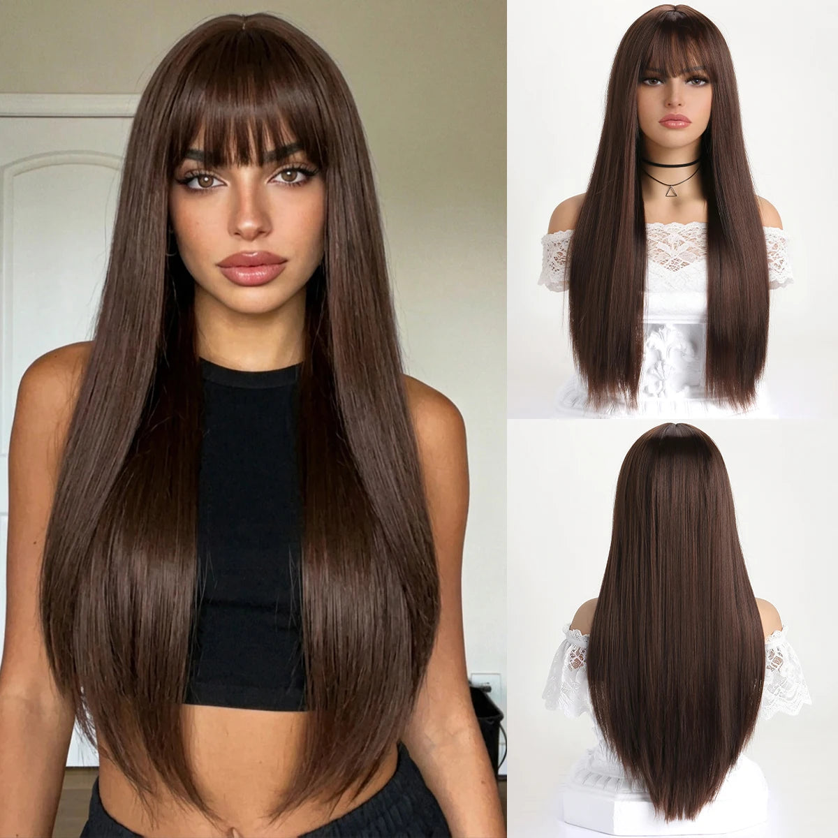 Wig with Bangs for Women  Long Straight Heat Resistant Synthetic Wig for Daily Use, Party, Halloween, Cosplay 26 Inch Wig for