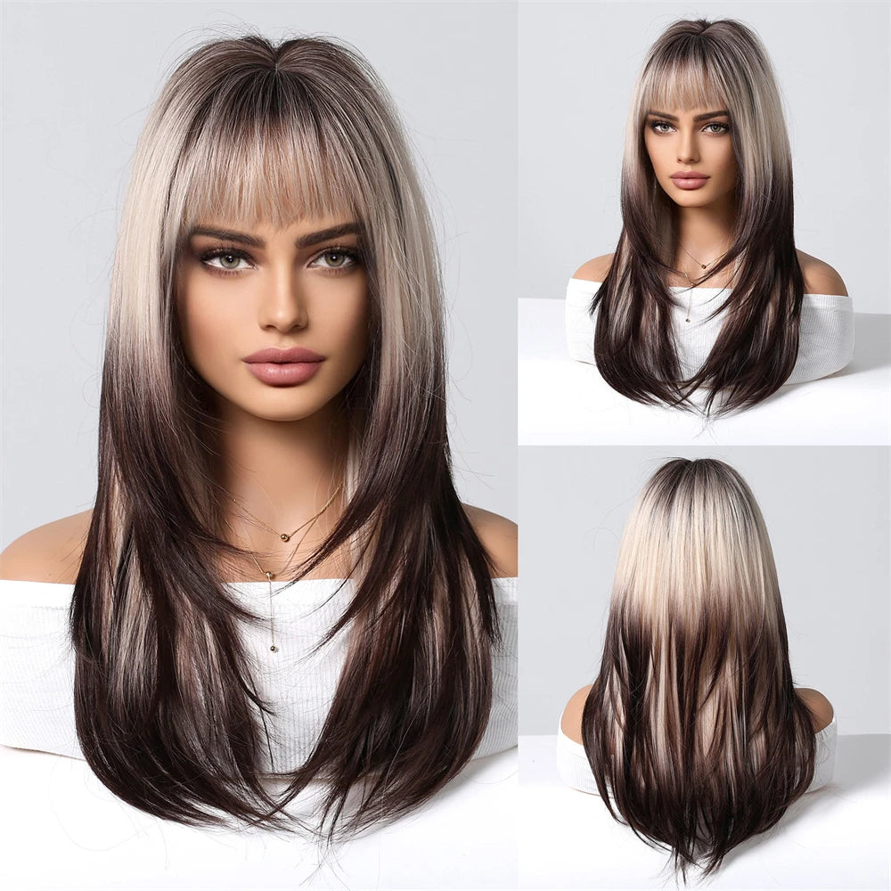 Wig full head cover, pink gradient dark brown wig, straight hair wig with bangs, suitable for women's daily role-playing,