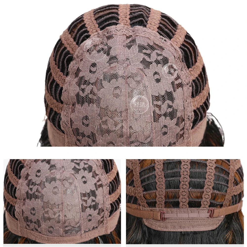 Wig full head cover, pink gradient dark brown wig, straight hair wig with bangs, suitable for women's daily role-playing,