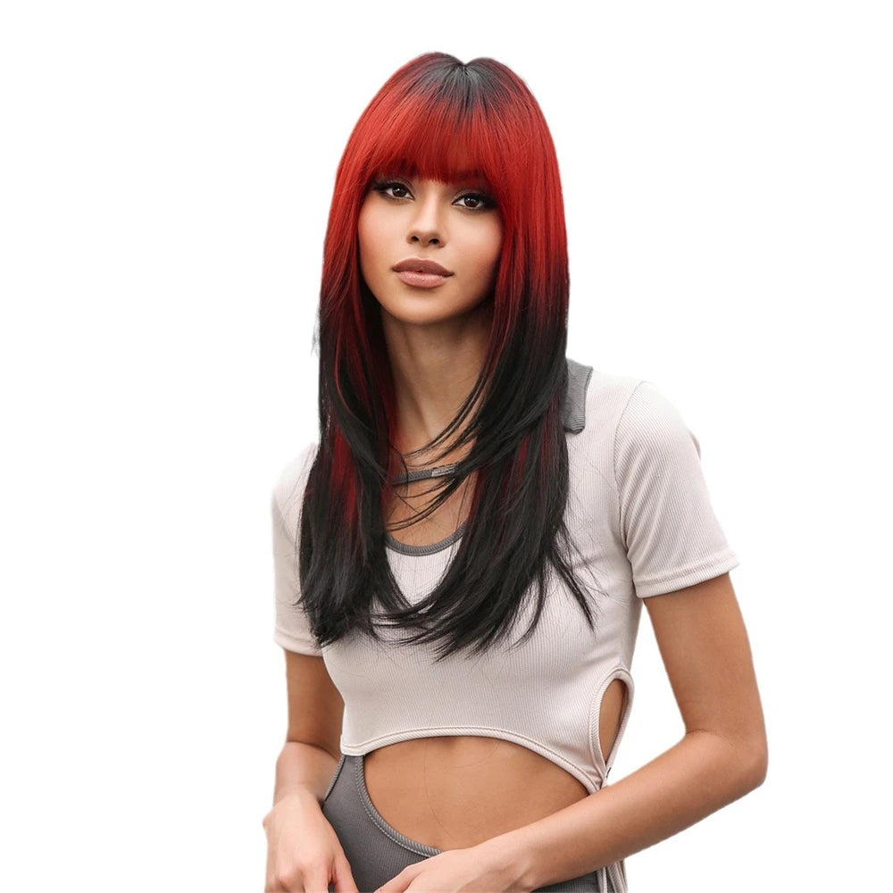 Wig full head cover, pink gradient dark brown wig, straight hair wig with bangs, suitable for women's daily role-playing,