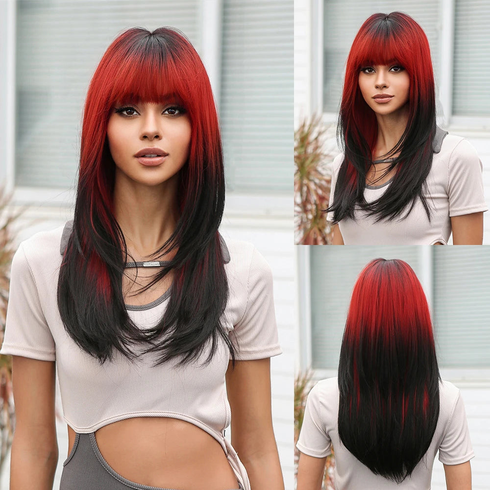 Wig full head cover, pink gradient dark brown wig, straight hair wig with bangs, suitable for women's daily role-playing,