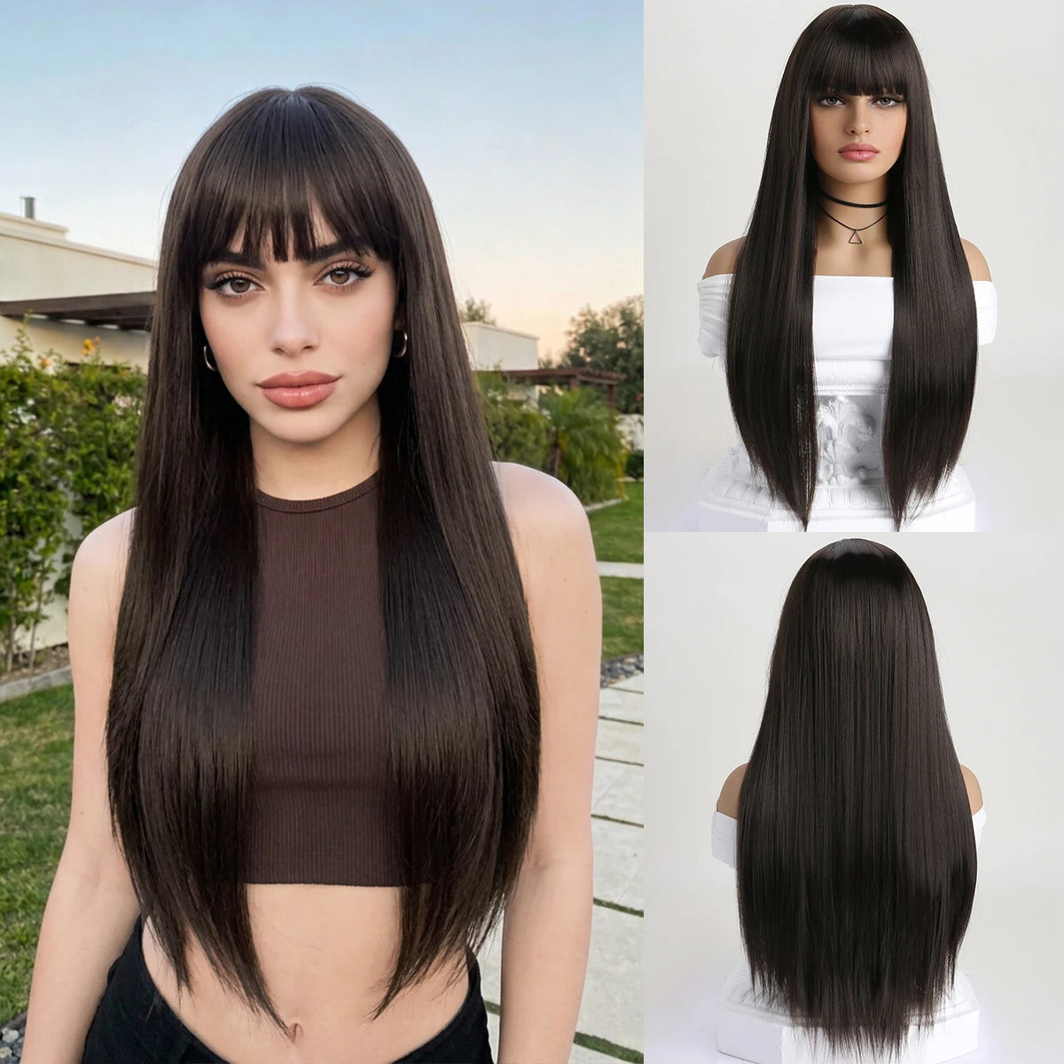 Wig with Bangs for Women  Long Straight Heat Resistant Synthetic Wig for Daily Use, Party, Halloween, Cosplay 26 Inch Wig for
